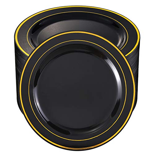 bUCLA 100 Pieces Black and Gold Plastic Dinner Plates - 10.25 inch Black Disposable Plates with Gold Rim - Disposable Dinner Plates - Ideal for Weddings,Parties,New Year