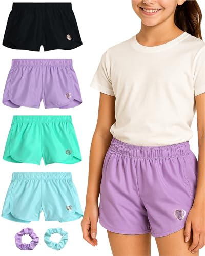 Body Glove Girls Active Shorts - 4 Pack Dolphin Girls Athletic Shorts for Sports Running Gym with Scrunchie Kids Shorts, Size 12, Black/Aqua/Green/Purple Solid