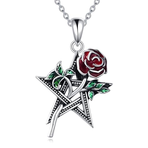 POPLYKE Pentagram Necklace Black Rose Necklace 925 Sterling Silver Rose Flower Pendant Necklace Rose Retro Gothic Pentagram Jewelry Gifts For Women