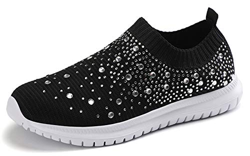Women's Mesh Walking Shoes Rhinestone Glitter Slip On Ballroom Jazz Latin Dance Sock Sneakers Black 8