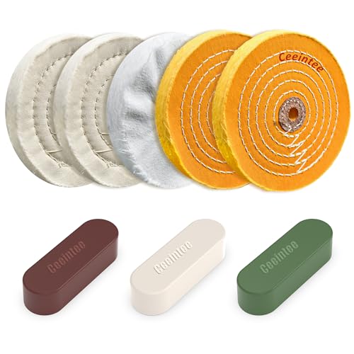 Ceeintee 8 Pack 6 Inch Polishing Wheel for Bench Grinder, Include 1/2" Arbor Hole 2 Yellow Cotton(42Ply), 2 White Cotton Polish Wheels(50Ply), 1 Soft Flannel Buffing Wheel(30Ply)& 3 Polishing Compound