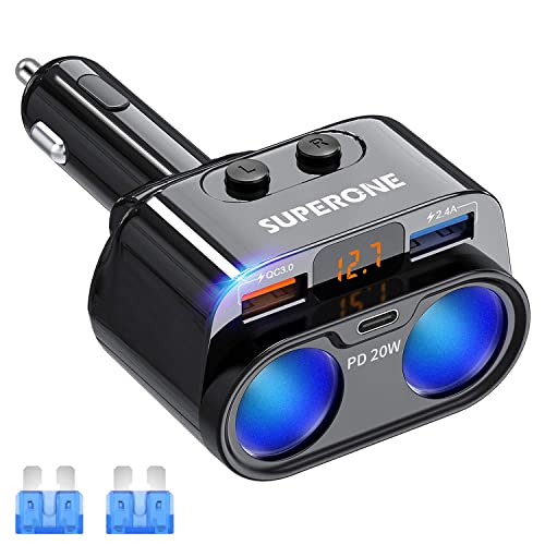 SUPERONE 200W 2-Socket Cigarette Lighter Splitter Power Adapter, USB C Car Charger with 20W Power Delivery 3.0 & QC 3.0 for iPhone 16 Pro Max/15/14/13/12/11 Pro/X/8/7, Samsung, Google Pixel and More