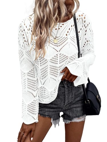 Allimy Womens Autumn Long Sleeve Hollow Out Crochet Crewneck Pointelle Knitted Top Blouses Shirts Cover Ups White L