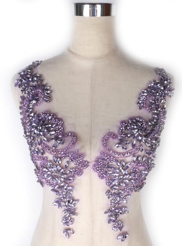 Labellezalady Luxury Look Shiny Rhinestone Pair Applique Patch in Gold Silver champgane AB Color for Prom Dress Belt Arts Crafts Sewing decorat (Purple)