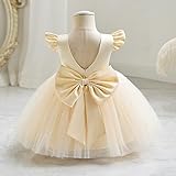 OBEEII Infant Baby Girls Wedding Flower Girl Dress Ruffle Satin Pearls Tutu Dress Bowknot V Back Pageant Party Birthday Formal Dress Baby Girl Christening Baptism Dresses Champagne 18-24 Months