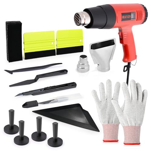 EHDIS Window Tint Kit Vinyl Wrap Tool with Heat Gun,Vinyl Scraper,Shank Gasket Squeegee,Working Gloves,Curves Slot Tint Tool for Car Wrapping,Window Film,Graphics,Decal Installation