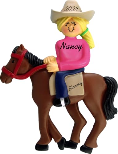 Horseback Rider - Female and Male - Brown Hair, Blonde Hair, African American - Personalized Christmas Ornament to be Customized with Name and Year (Female Blonde)