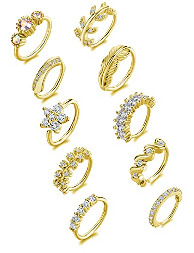 Tornito 10Pcs Nose Ring Hoop Paved Flower Leaf Feather CZ Cartilage Earrings Nose Piercing Jewelry for Women Men Gold Tone 20G