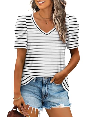 Womens Tshirts Trendy Summer V Neck Puff Sleeve Tops Striped Shirt Flowy Cozy M