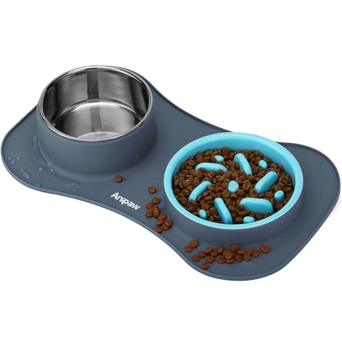 Anipaw Slow Feeder Dog Bowls 3 in 1 Stainless Steel Dog Food and Water Bowls with Non-Spill and Non-Skid Silicone Mat to Slow Down Eating for Large Medium Small Breed Size Dogs and Cats