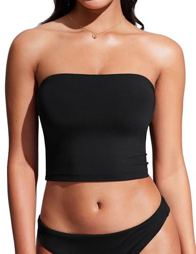 CRZ YOGA Womens Bandeau Bikini Tops Strapless Swimsuit Adjustable Spaghetti Straps Bathing Suit Crop Tankini Padded Black Large