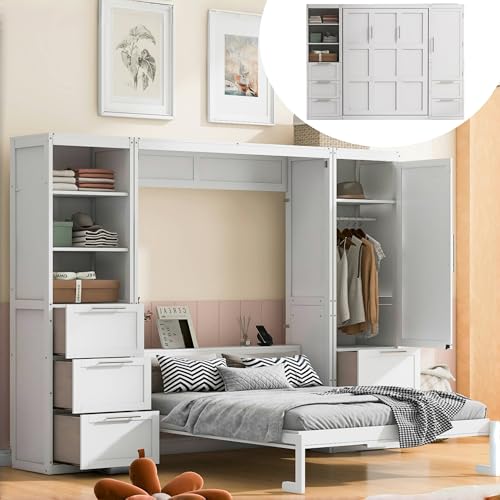 WYYHOBXC Hidden Murphy Bed Queen, Wall Murphy Bed with Storage, Wooden Folding Bed Frame with Wardrobe & Drawers & Shelves for Small Space, Living Room (White, Queen (U.S. Standard))