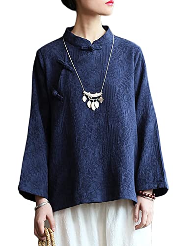 LZJN Fall Spring Women Shirts Jacquard Chinese Cheongsam Frog Button Tops Blouse (Blue, One Size)