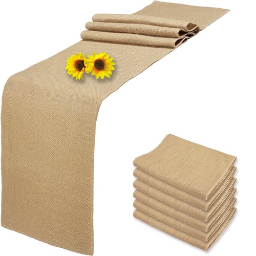 6 Pack 12 x 90 Inch Natural Burlap Table Runners,Rustic Jute Table Runner and Placemats Bulk for Western Wedding Table Decorations,Farmhouse Style Party,Holiday,Kitchen Coffee Table Decor Cover
