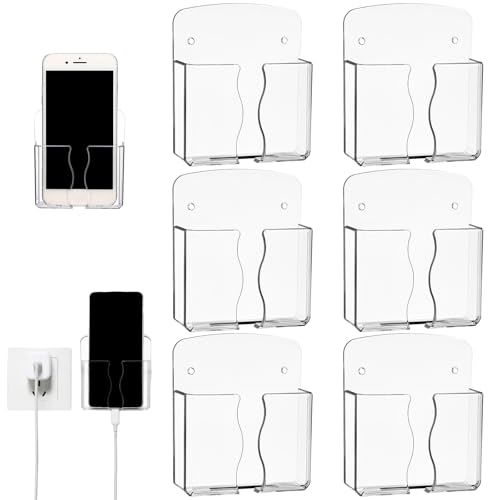 Geelin 6 Pcs Wall Mounted Phone Holder Self Adhesive Cell Phone Stand with Charging Hole Acrylic Clear Remote Control Stand Bedside Organizer Compatible with Most Smartphone for Home Office(Clear)