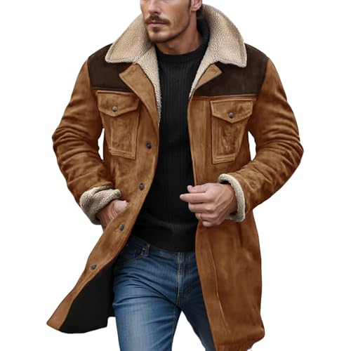 XDFVC Mens Winter Coats Vintage Suede Patchwork Lamb Fleece Long Jacket Trucker Warm Casual Coat Overesized Thick Trench Coat