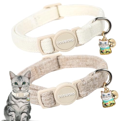 Cat Collar,2 Pack White Hemp Cat Collars Breakaway with Bell, DOGWONG Safety Buckle Wedding Cat Collar for Girl Boy Cats and Small Dogs，Adjustable 7-12 Inch,Pet Supplies Accessories