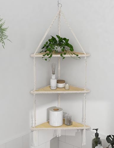 Mazjoaru Corner Shelves Macrame 3 Tier, Boho Handmade Woven White Rope Beige Hanging Floating Shelf Decor Display Plant Racks Storage Organizer for Bedroom Bathroom Office Living Room