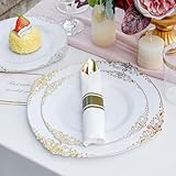 Nervure 350PCS Gold Plastic Plates - Gold Plastic Dinnerware Sets for 50 Guests - 100 Gold Disposable Plates, 150 Gold Plastic Silverware, 50 Cups, 50 Napkins for Wedding & Party