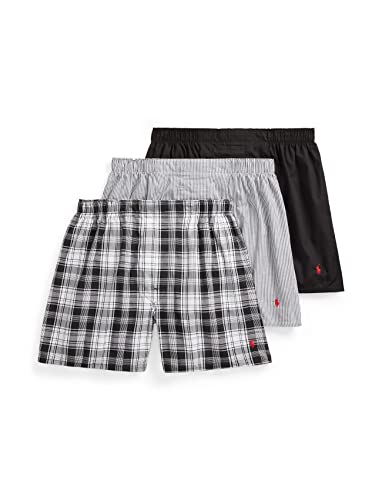 POLO Ralph Lauren Men's Classic Fit Cotton Woven Boxers 3-Pack, Bengal Stripe/Red, Stockton Plaid/Red, Black/Red-3 Pack, Medium