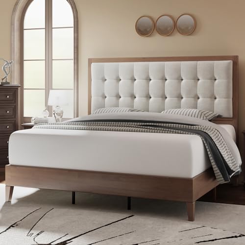 Jocisland Wood Platform Bed Frame King Size Upholstered Tufted Headboard/Solid Wood Bed No Box Spring Needed,Walnut