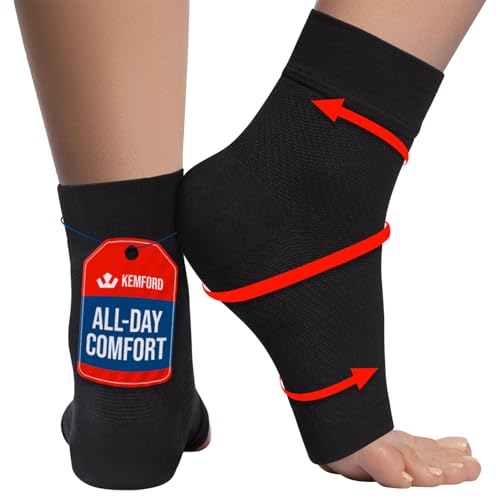 KEMFORD Ankle Compression Sleeve - 2-Pack, Plantar Fasciitis Braces - Open Toe Compression Socks for Swelling, Sprain, Neuropathy, Foot Arch Support for Men and Women - 20-30mmhg, M, Black