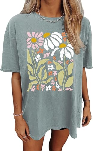 Oversized Graphic Tees Shirt for Women Summer Casual Loose Vacation Tshirts Short Sleeves Flower Tops (Light Green,L)
