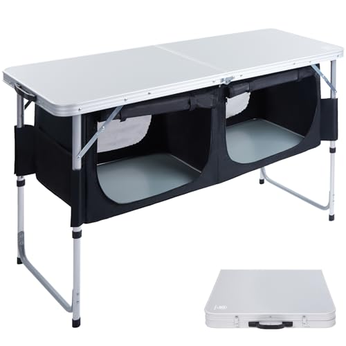 EVER ADVANCED Folding Camping Table with Storage, 4 ft * 2 ft Aluminum Composite Desktop & Adjustable Legs, Outdoor Kitchen Table for Tailgating, Backyard, BBQ and Picnic