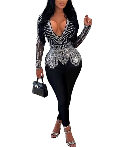 Nagfar Women Sexy Deep V Neck Rhinestone Tight Jumpsuit Party Club Night Hot Drilling Romper(S9128,Black,XXL)