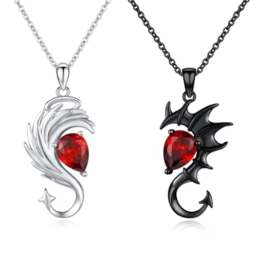 Angel and Devil Couples Necklace 925 Sterling Silver Couple Matching Necklace Her Him Silver Angel and Black Devil Wings Pendant Matching Jewelry Gifts for Couple Friends Valentine's Day