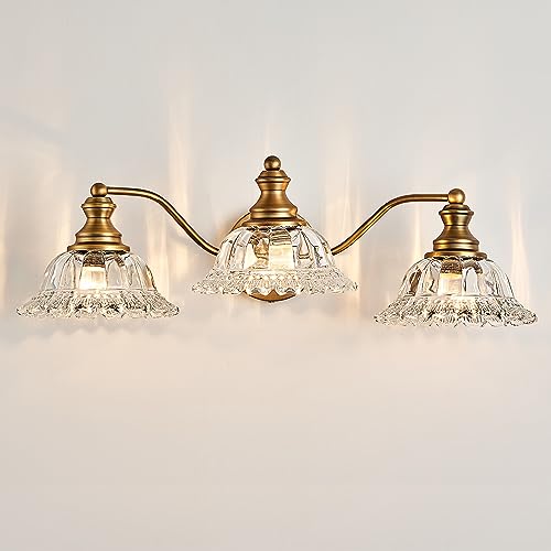 XIEDUN Vintage Bathroom Vanity Light Fixture, 3 Lights Bathroom Lighting Matte Antique Brass Finish with Crystal Glass Shade, Vintage Vanity Light for Bathroom