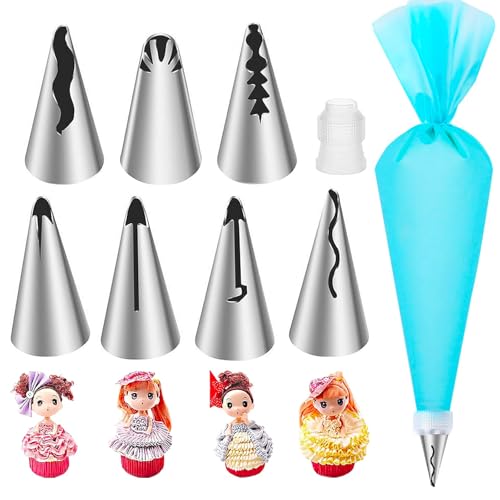 Suuker 9 Pieces Ruffle Piping Tips Set, Stainless Steel Vintage Cake Piping Tips Pleated Skirt Piping Nozzles Set, Cake Decorating Tips for Cake Cupcakes Cookies
