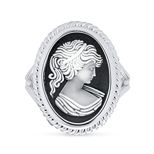 Classic Antique Vintage Victorian Style Women Framed Portrait Black White Oval Carved Cameo Ring For Women .925 Sterling Silver