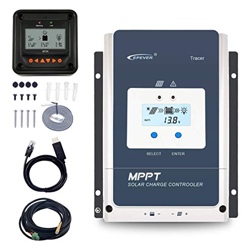 EPEVER 50A MPPT Solar Charge Controller 12V/24V/36V/48V Auto Max.PV 150V Input Negative Ground Solar Panel Charge Regulator with MT50 Remote Meter Temperature Sensor RTS & PC Communication Cable RS485