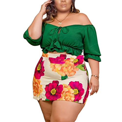 Dmoled Women Plus Size Skirt Two Piece Outfit Short Sleeve Off The Shoulder Crop Top Shorts Dress Suit Set Green