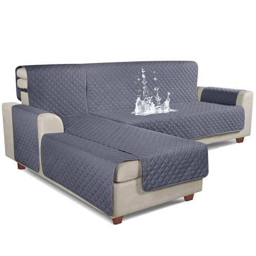 KinCam 100% Waterproof Sectional Couch Covers, Reversible L Shaped Sofa Covers 3pcs Sofa Slipcovers for Sectional Chaise Slipcover for Pets Kids (Small, Dark Gray)