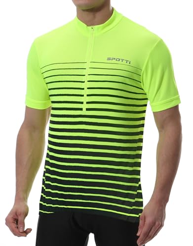 Spotti Men's Cycling Bike Jersey Short Sleeve with 3 Rear Pockets- Moisture Wicking, Breathable, Quick Dry Biking Shirt Green Stripe