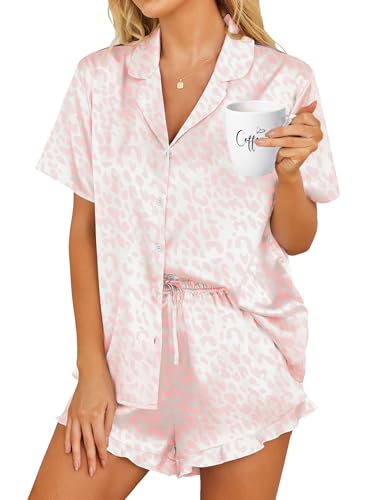 HOTOUCH Womens Silk Satin Set Two-Piece Button Down Short Sleeve Sleepwear Pajamas Pink Leopard, Large