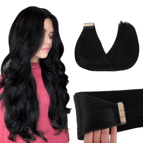 GOO GOO Tape in Hair Extensions Human Hair, 1 Jet black, 22inch 50g 20pcs, Skin Weft Seamless Invisible, Silky Straight with Thick Ends, Remy Human Hair