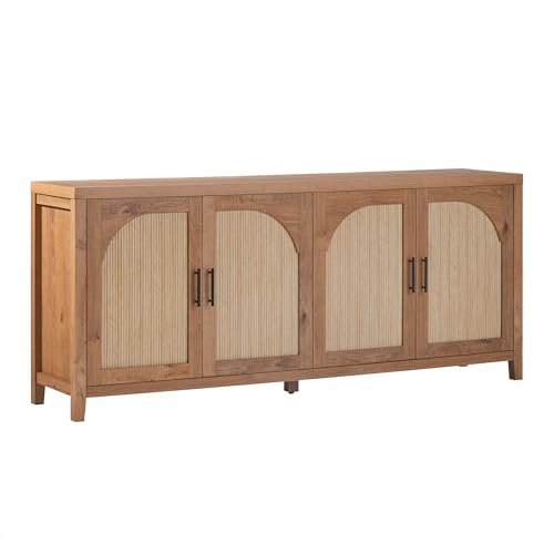 Walker Edison Sasha 4-Door Reeded Sideboard Buffet with Cord Management, 70 Inch, English Oak