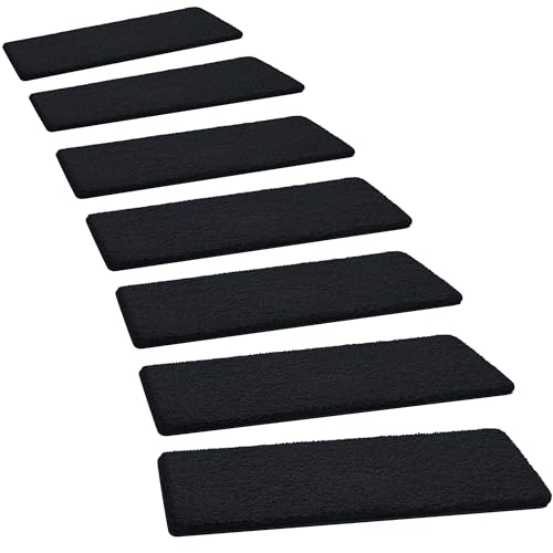 PURE ERA Carpet Stair Treads Ultra Plush 8" X 30" Soft Indoor Stair Protectors Pet-Friendly Non-Slip Skid Resistant Tape Free Washable Reusable(14 Pieces, Black)