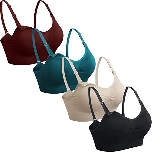 4Pack Nursing Bra for Breastfeeding Maternity Bras Push Up Silk Seamless Pregnancy Bralette Underwear Black Beige Rosered Blue Medium
