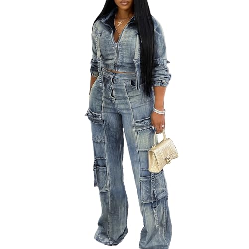 Molilove Women's Two Piece Denim Outfits Long Sleeve Cropped Jean Jacket Cargo Pants with Pockets Y2K Tracksuit Set