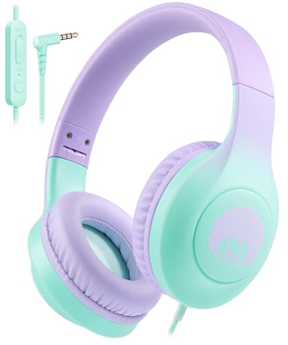 rockpapa Kids Headphones, Wired Headphones for Kids with Microphone, 85/94dB Volume Limiter Headphone for Girls Boys, Foldable Head Phones for School Tablet Laptop Purple Teal