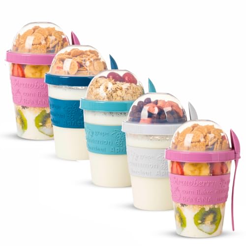 EYNEL On The Go Cereal Yogurt Cups with Lids and Spoon, Overnight Oats Container, Reusable Parfait Plastic Milk Jar Breakfast Crunch Granola Oatmeal Smoothie Snack Prep Bowl To Take Along