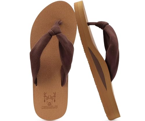 Kuailu Flip Flops Women Arch Support Yoga Mat Comfortable Summer Beach Walking Thong Cushion Sandals Slip on Outfits Travel Essentials Orthotic Slides Indoor Outdoor Slippers Shoes Brown Khaki Size 10