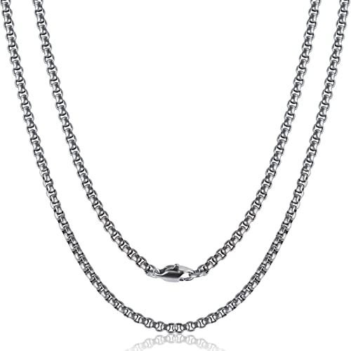 SanThree Pure Titanium Necklace for Men 3mm Square Rolo Chain, Skin Friendly Smooth Solid Titanium Round Link Box Chain for Women Gift, 25.6 Inches