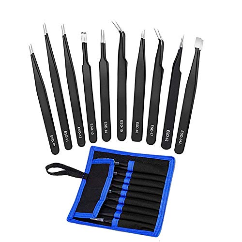 Tweezers Precision Set,Easily Life 10pcs ESD Tweezers Set, Anti Static Stainless Steel Anti Magnetic Tweezers Set with Storage Bag for Craft,Electronics Repair,jewelry repair,Laboratory Work,etc