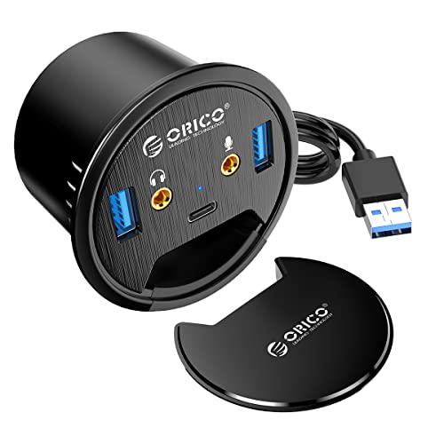 ORICO Desk Grommet USB 3.0 Hub with 2 Type-A 1 Type-C Port, Mic & Audio Jack, 4.9Ft Long Cord for Diameter 60mm Hole, Desktop Cable Organizer, Home Office PC Accessories