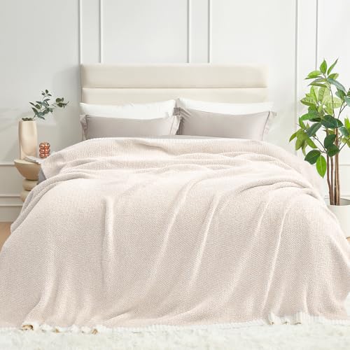 Snuggle Sac Queen Size Bedding Blanket Ivory, Oversized Super Soft Bed Blankets Warm Cozy Knit Fuzzy Microfiber Blankets for Bed, Heather Ivory, 90 x90